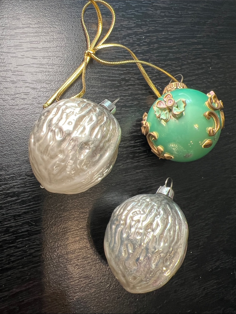 Vintage Christmas West Germany Mercury Glass Walnut & Frosted Floral Ornaments
